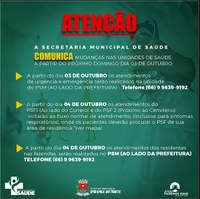 ATENÇÃO A SECRETARIA MUNICIPAL DE SAÚDE COMUNICA MUDANÇAS NAS UNIDADES DE SAÚDE