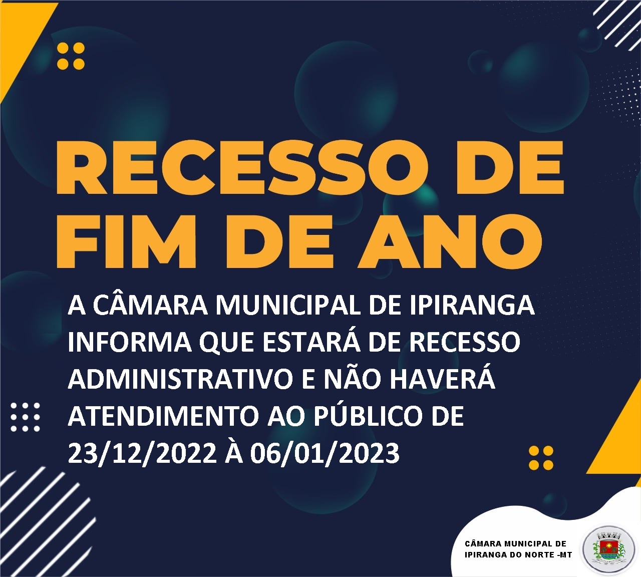CÂMARA MUNICIPAL ENTRA EM RECESSO ADMINISTRATIVO DO DIA 23/12 A 06/01