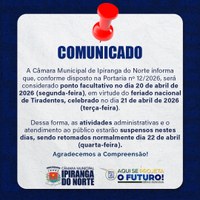 CÂMARA DEFINE PONTO FACULTATIVO NO DIA 20 DE ABRIL