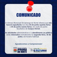 CÂMARA MUNICIPAL DE IPIRANGA DO NORTE TERÁ PONTO FACULTATIVO NOS DIAS 04 E 05 DE JUNHO