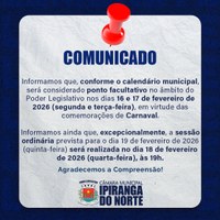 COMUNICADO DE PONTO FACULTATIVO NOS DIAS 16 E 17 DE FEVEREIRO DE 2026