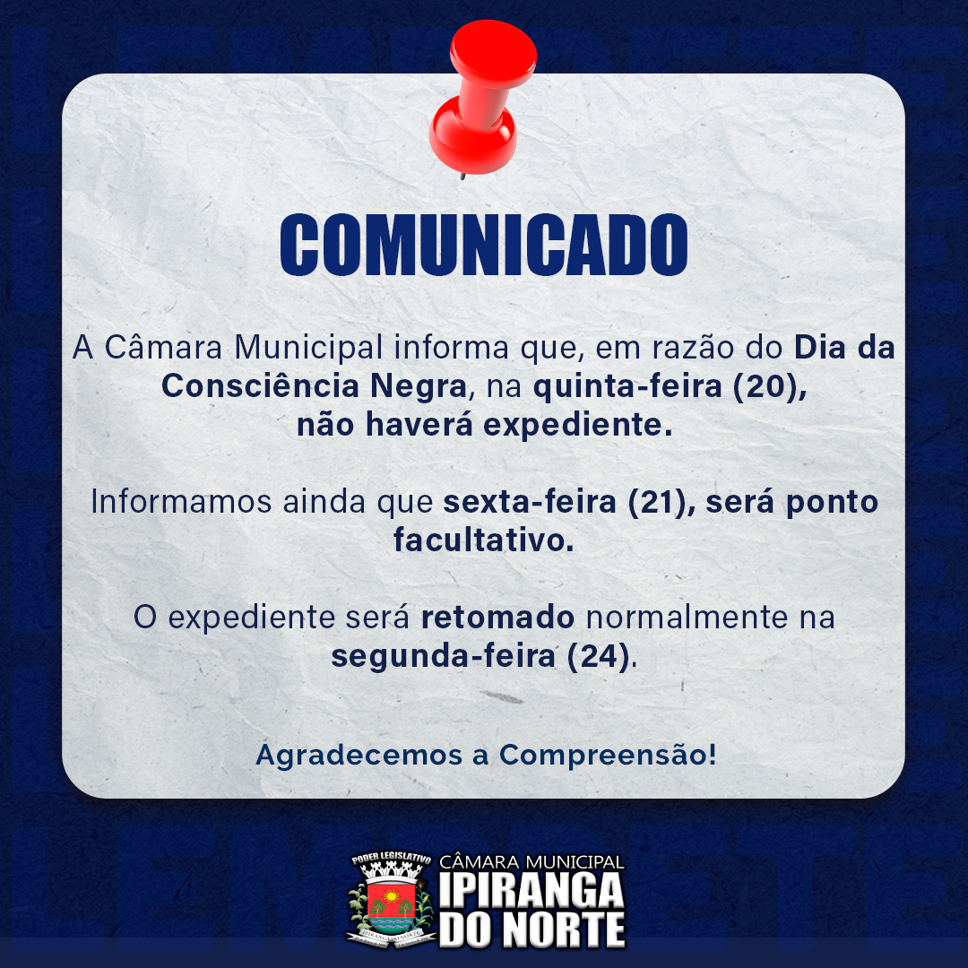 FUNCIONAMENTO NO FERIADO DA CONSCIÊNCIA NEGRA