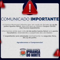 NO FERIADO DE CORPUS CHISTI NÃO HAVERÁ EXPEDIENTE