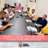 VEREADORES REALIZAM REUNIÃO PARA ANALISAR PROJETOS E INDICAÇÕES QUE SERÃO VOTADOS NA ÚLTIMA SESSÃO ORDINÁRIA DO ANO