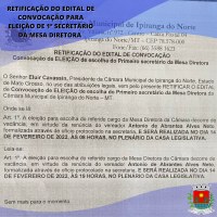 RETIFICAÇÃO DO EDITAL DE CONVOCAÇÃO PARA ELEIÇÃO DE ESCOLHA DO 1º SECRETÁRIO DA MESA DIRETORA