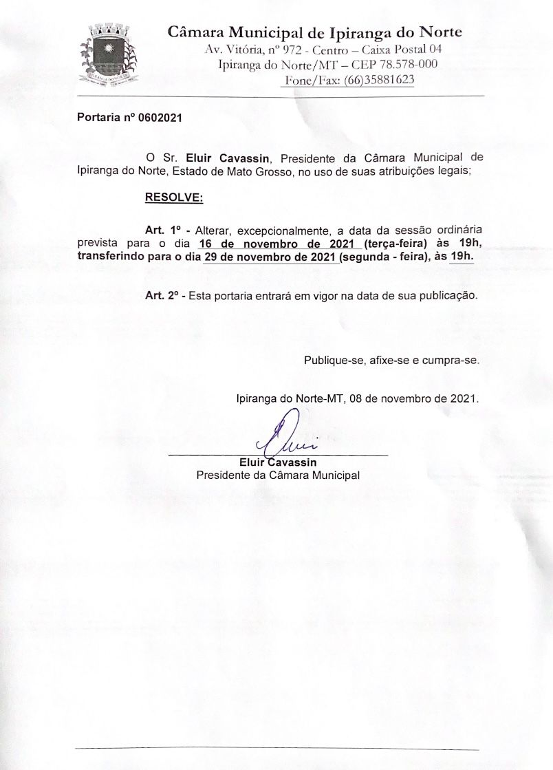 SESSÃO ORDINÁRIA PREVISTA PARA O DIA 16 DE NOVEMBRO TRANSFERIDA PARA O DIA 29 DE NOVEMBRO